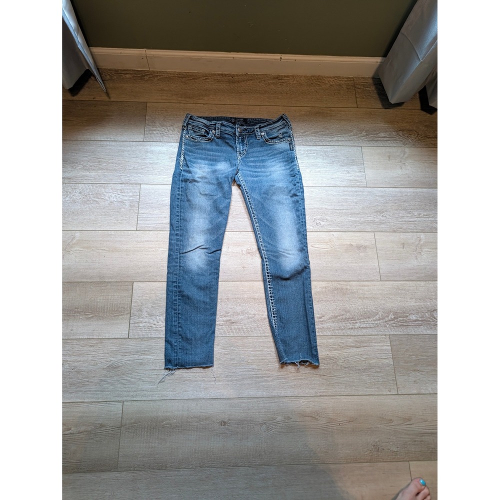 Silver Jeans Co Aiko Mid Skinny Medium Wash Distressed Raw Hem Jeans W30 L33